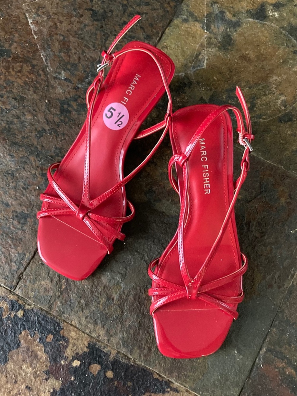 =^.^= NWOB MarcFisher Patent Red Strappy Kitten Heel Valentine Classy 5.5